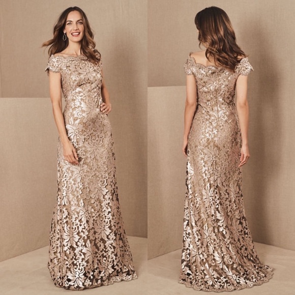 Tadashi Shoji Dresses & Skirts - BHLDN Tadashi Shoji Odette Gold Sequin Off Shoulder Gown 6 MOB